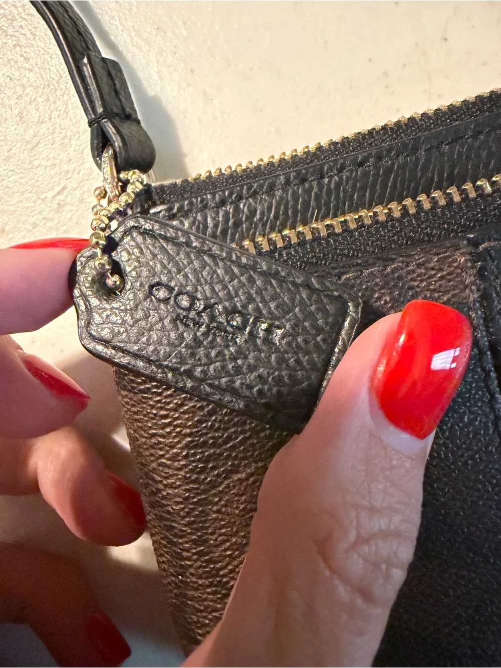 Coach Brown Signature Small Wristlet with Black Trim